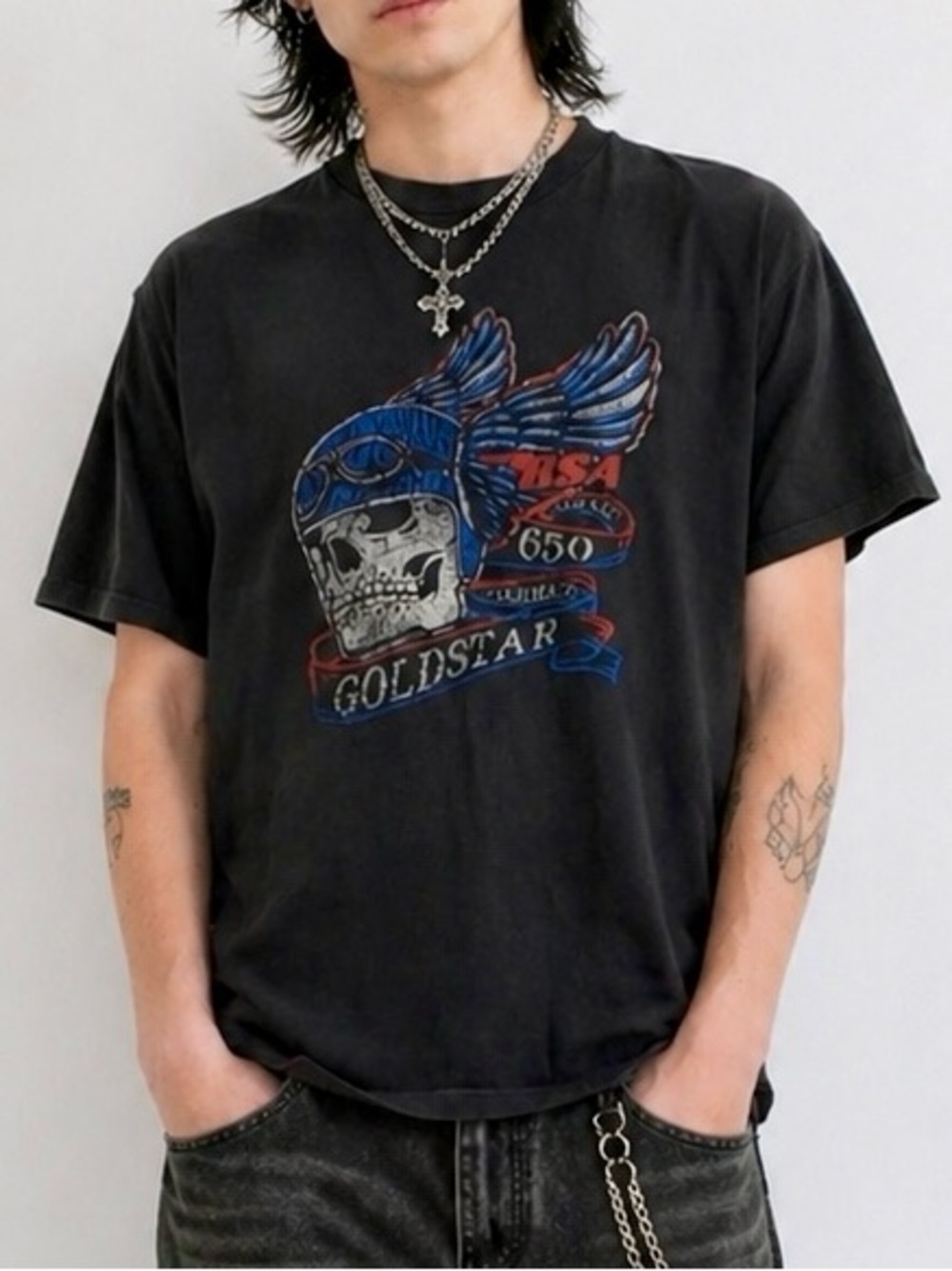 BSA Goldstar Black Grunge Graphic Tee with Skull Design